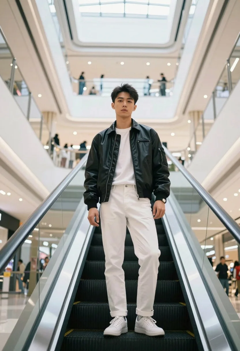 Confident Man Stands The Top Escalator Modern Shopping Mall Subject