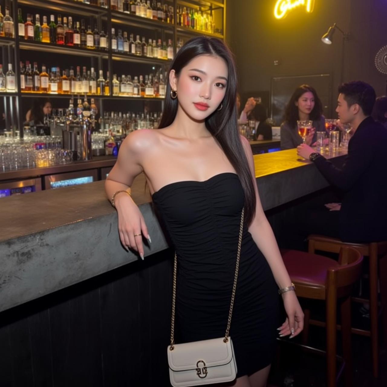 Explore Leans Against Bar Her Left Arm