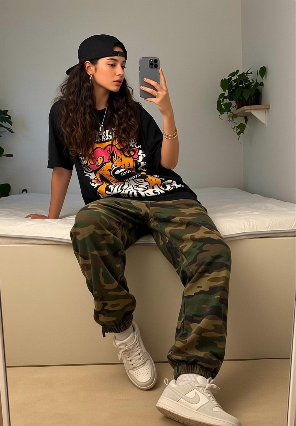 Girl In Bedroom Taking Selfie Black Cap