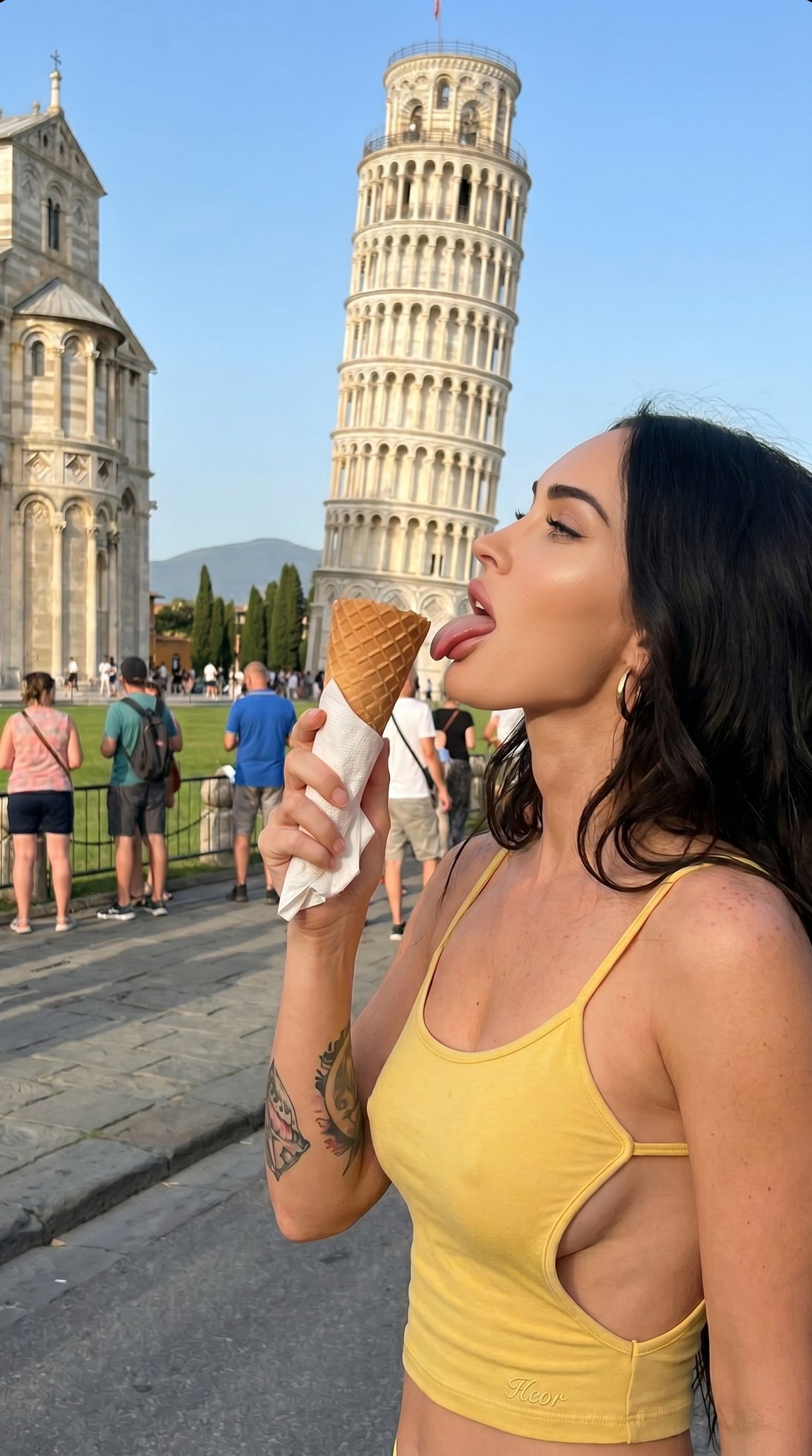 Sticking Tongue Out At Ice Cream Leaning Tower