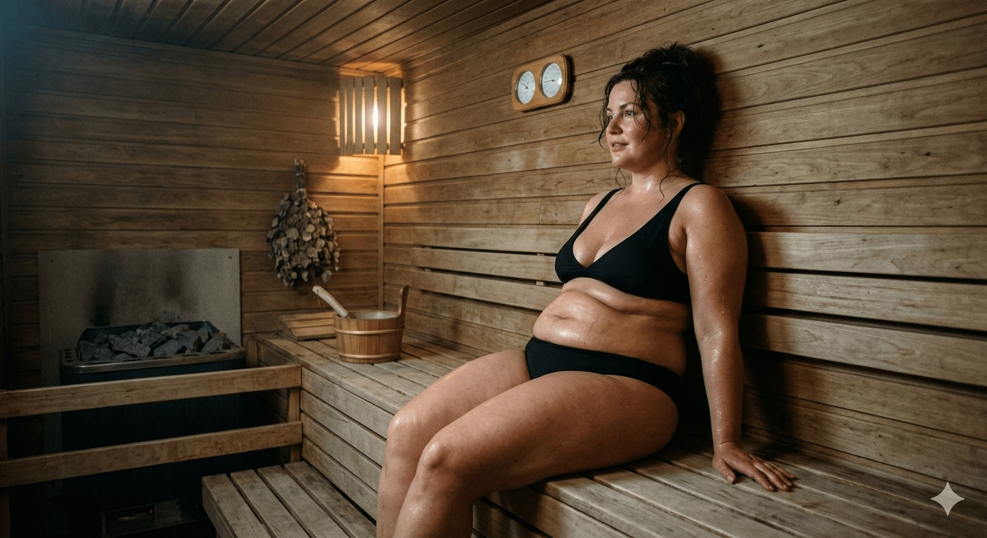 Realistic Sauna Person Bench Sweat reference photo