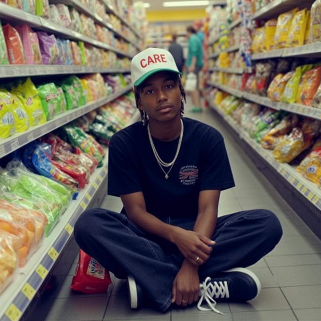 Explore Sitting Cross-legged Floor Supermarket Aisle Facing