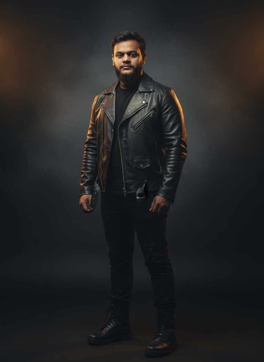 A handsome man in a black leather jacket stands confidently before a dark smoky backdrop, illuminated by soft golden light.