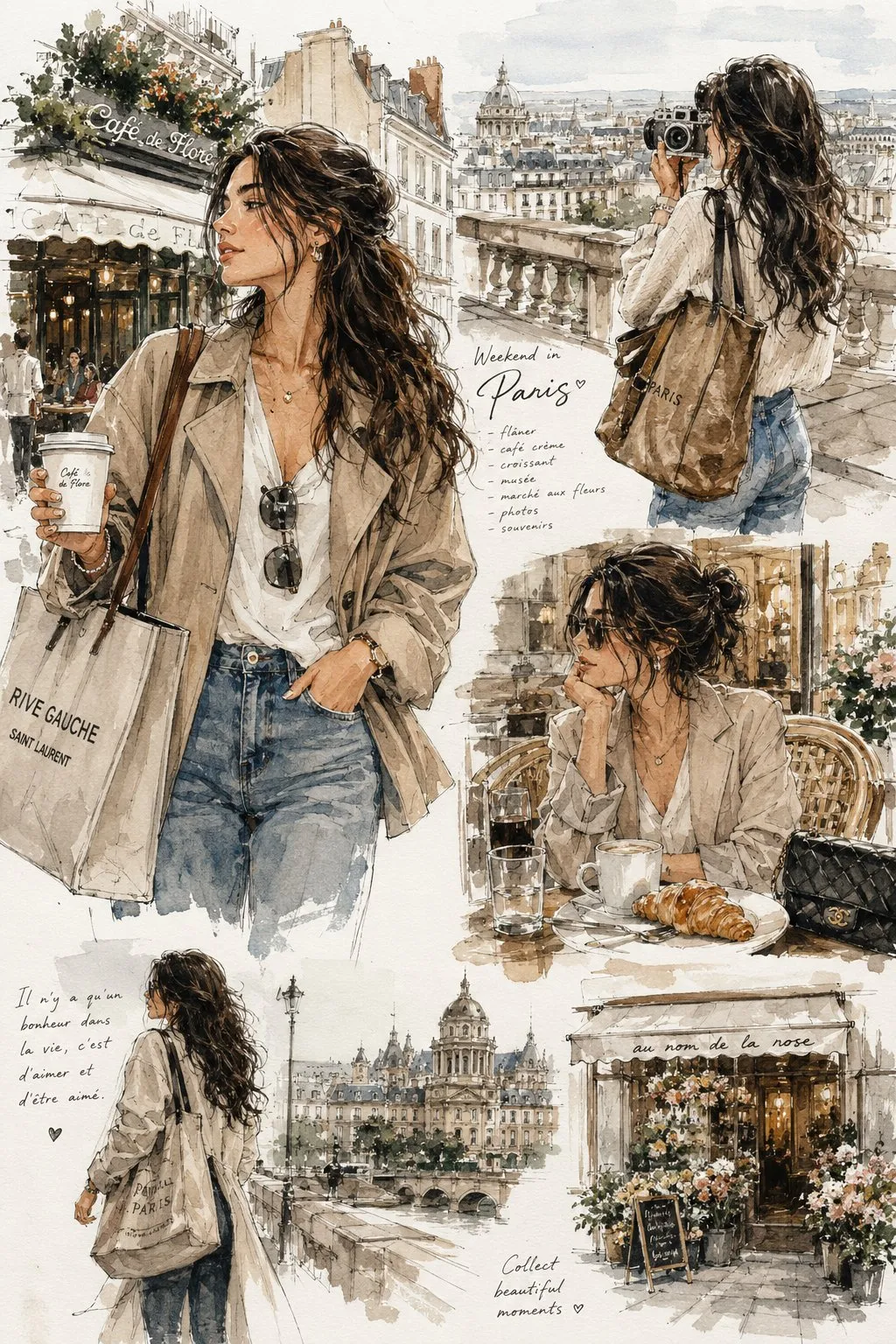 Parisian Weekend Fashion Collage Watercolor Illustration