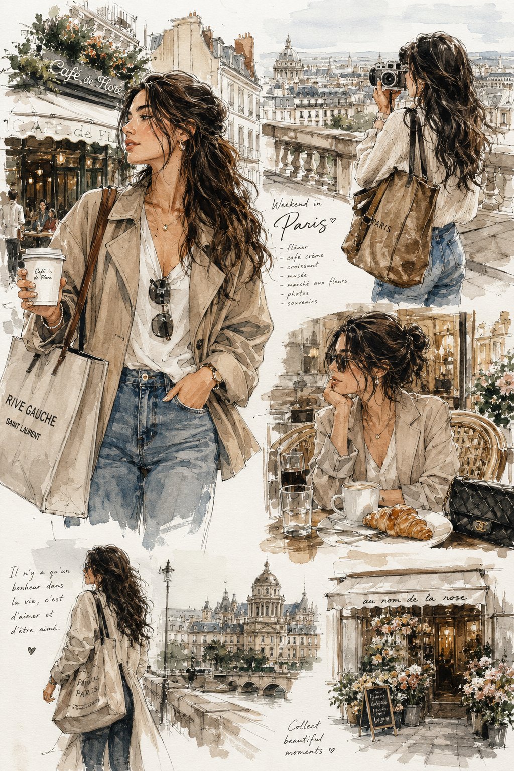 Parisian Weekend Fashion Collage Watercolor Illustration