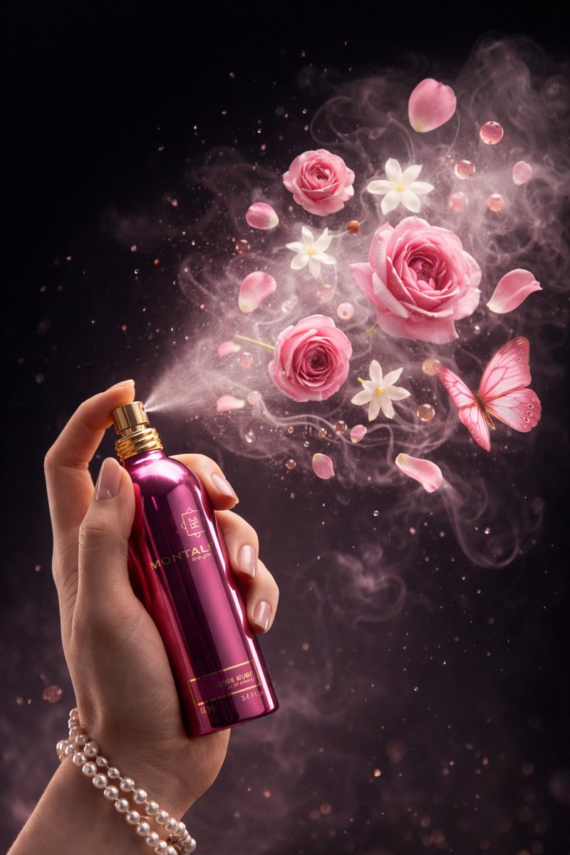 A smooth human hand holding a deep metallic pink perfume bottle, with gold nozzle and atomized mist, surrounded by floating pink roses and butterfly.