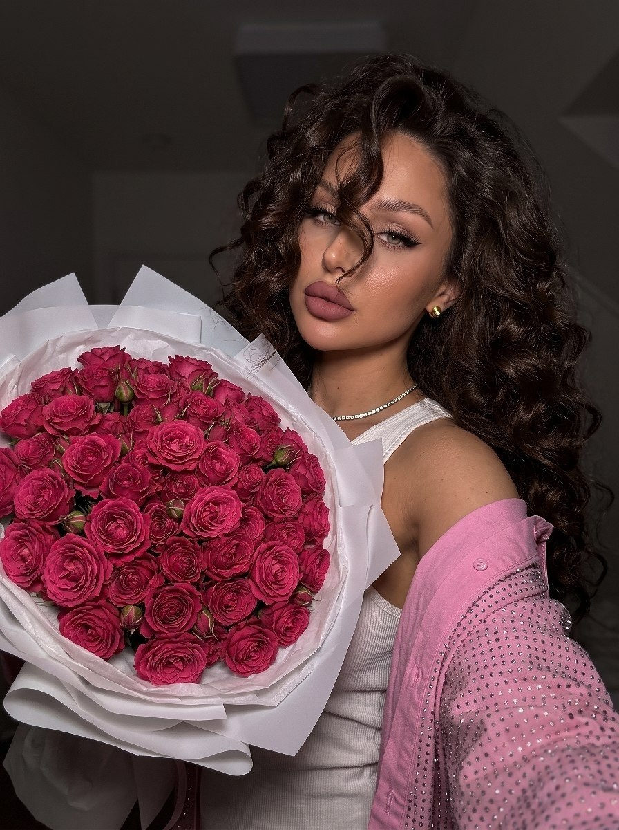 Massive Fuchsia Rose Bouquet Selfie With Curly Hair