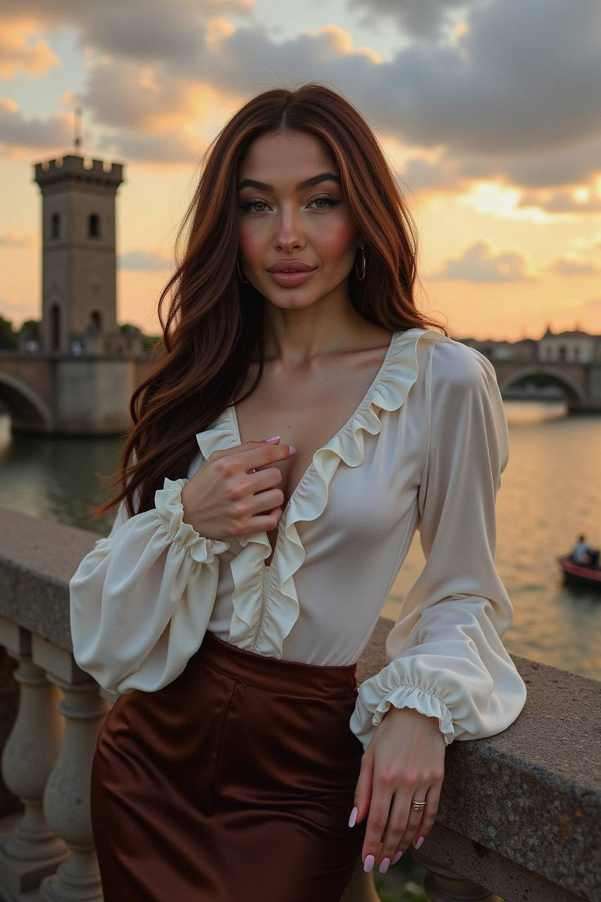 A graceful woman in an ivory silk blouse poses on a stone bridge at sunset, with wavy hair illuminated by golden light.