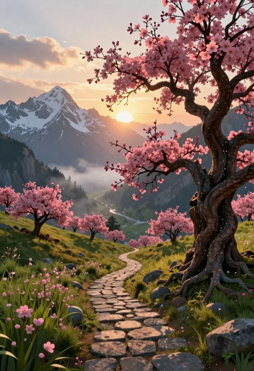Digital Art Breathtaking Fantasy Mountain Landscape Sunrise Subject Gnarled Ancient