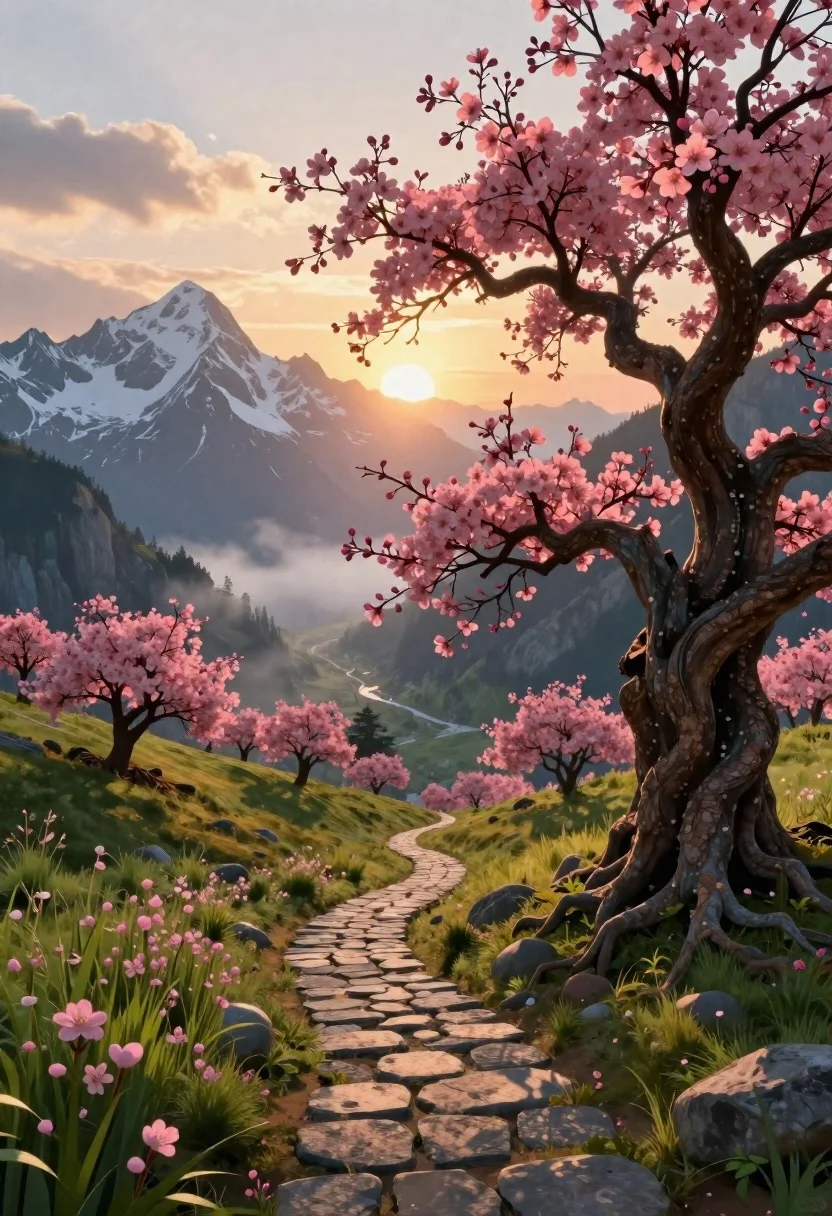 Digital Art Breathtaking Fantasy Mountain Landscape Sunrise Subject Gnarled Ancient reference photo