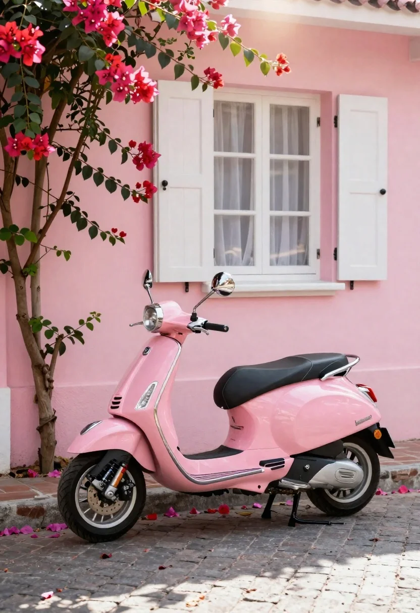 Glossy Pink Vespa Scooter Parked Cobblestone Street Front Pastel Pink reference photo