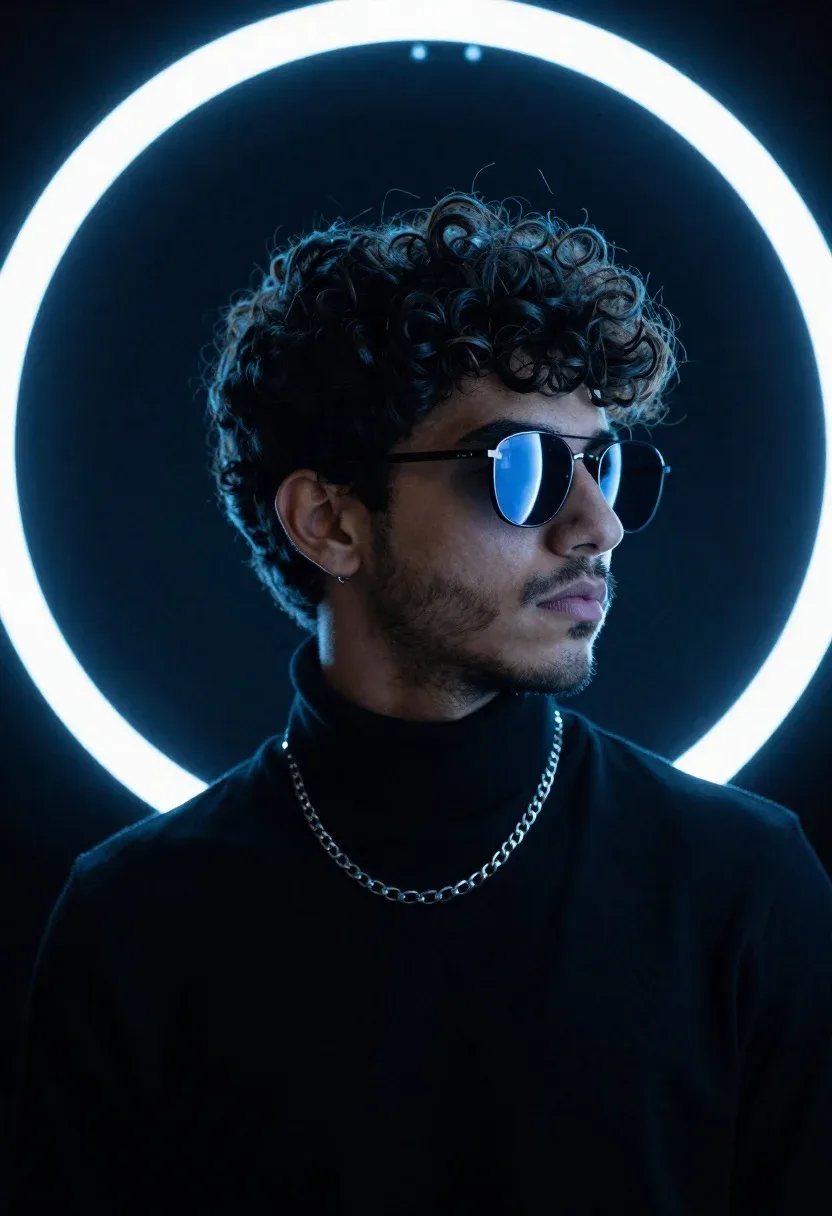 Reflective Sunglasses Against Blue Ring Light