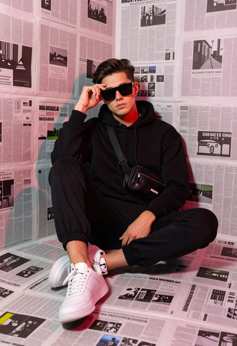 Stylish Young Man Sits Cross-legged Corner Formed Walls And Floor