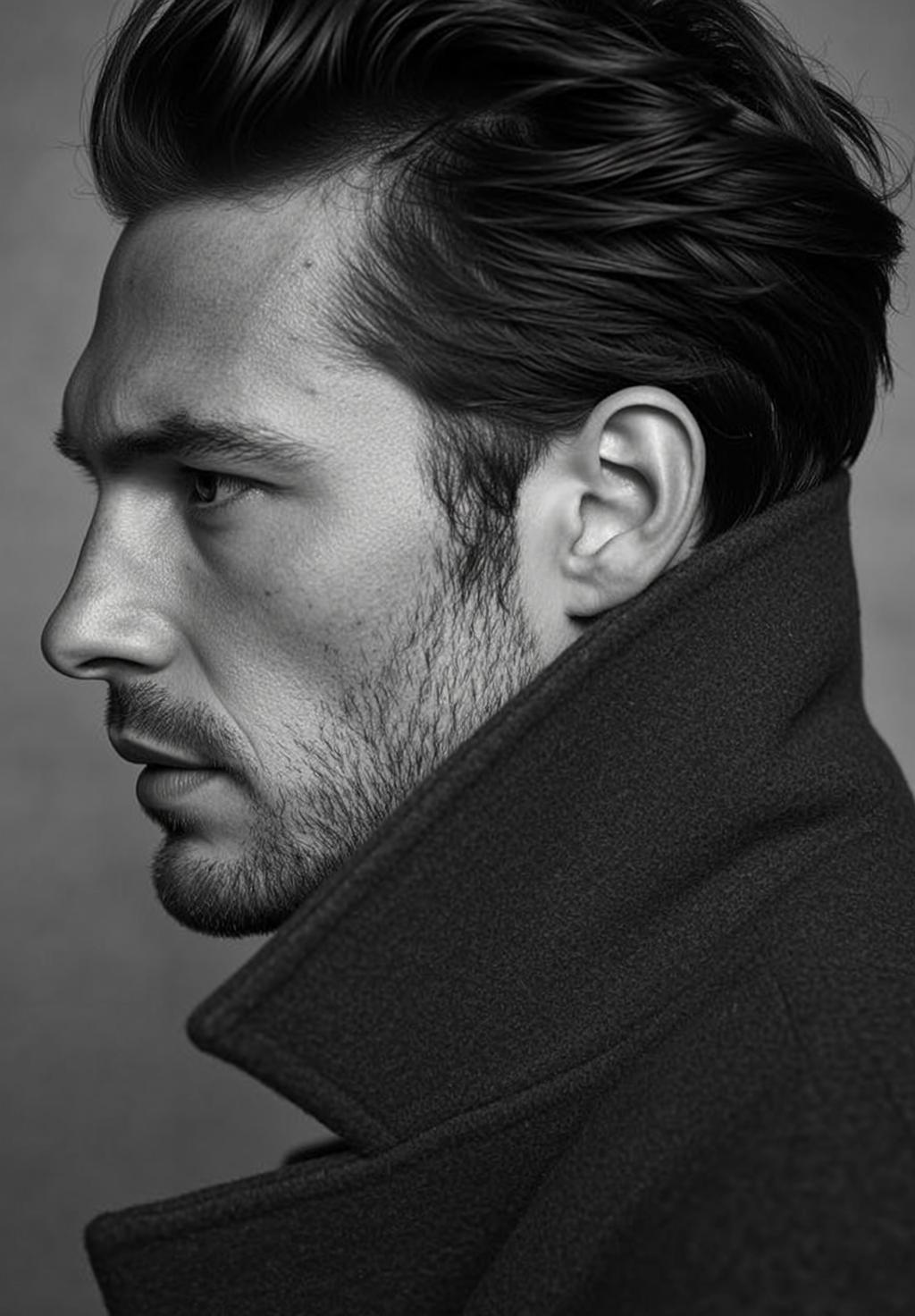 Photorealistic Black And White Headshot Profile View Man With Dark