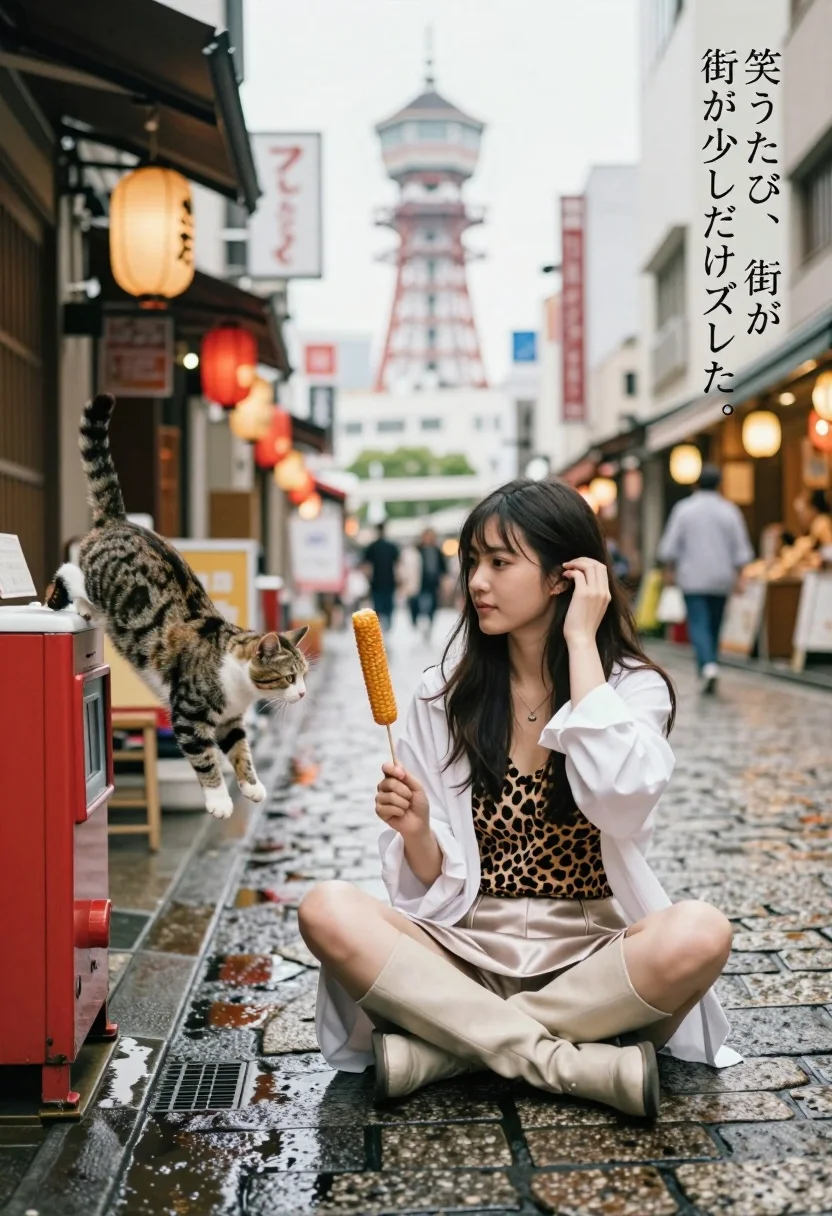 Young Woman With Long Dark Hair Sits Wet Cobblestone Street