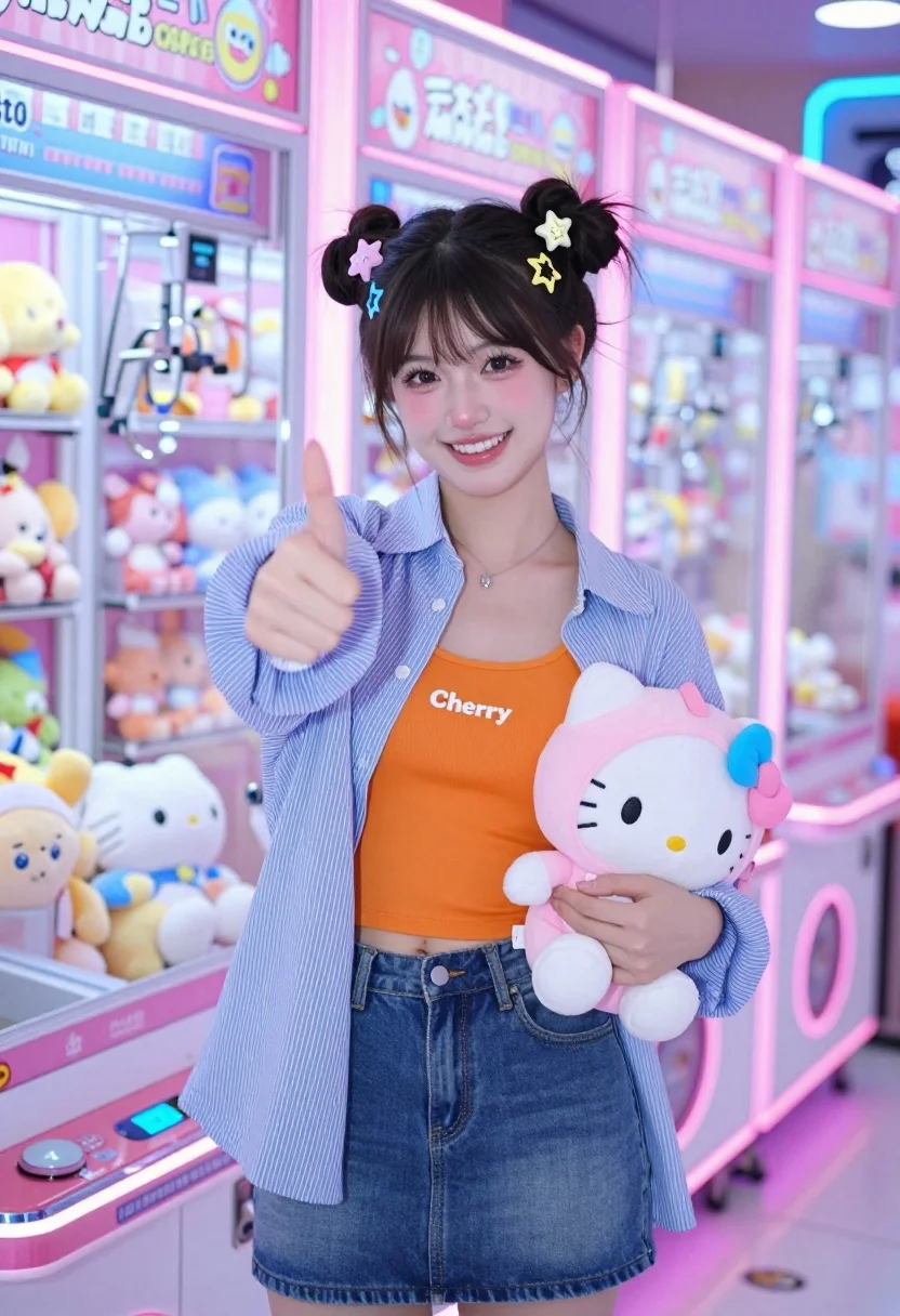 Cheerful Young Woman With Dark Hair Styled Two High Buns