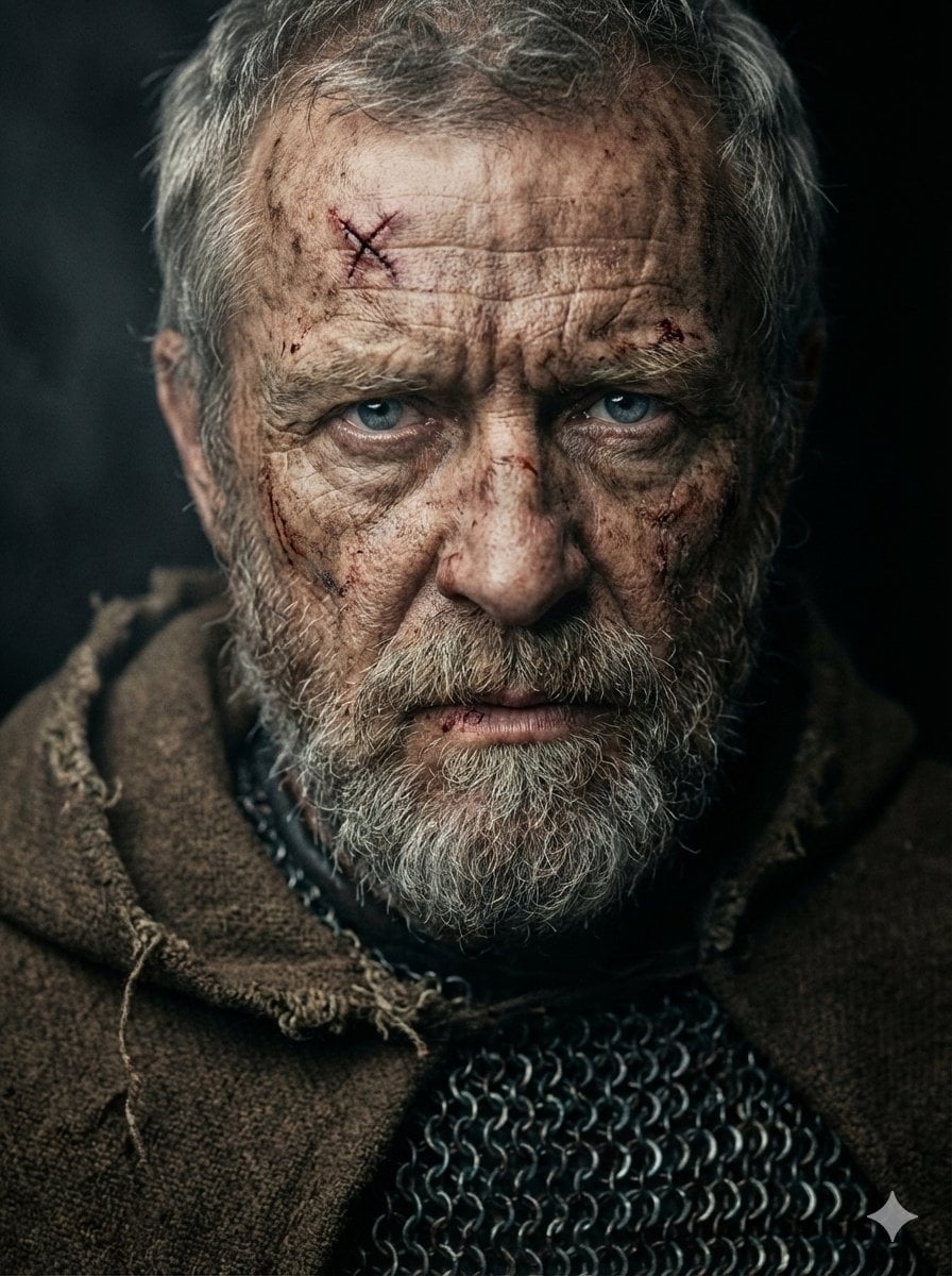 Elderly Medieval Warrior Intense Cold Eyes Cinematic