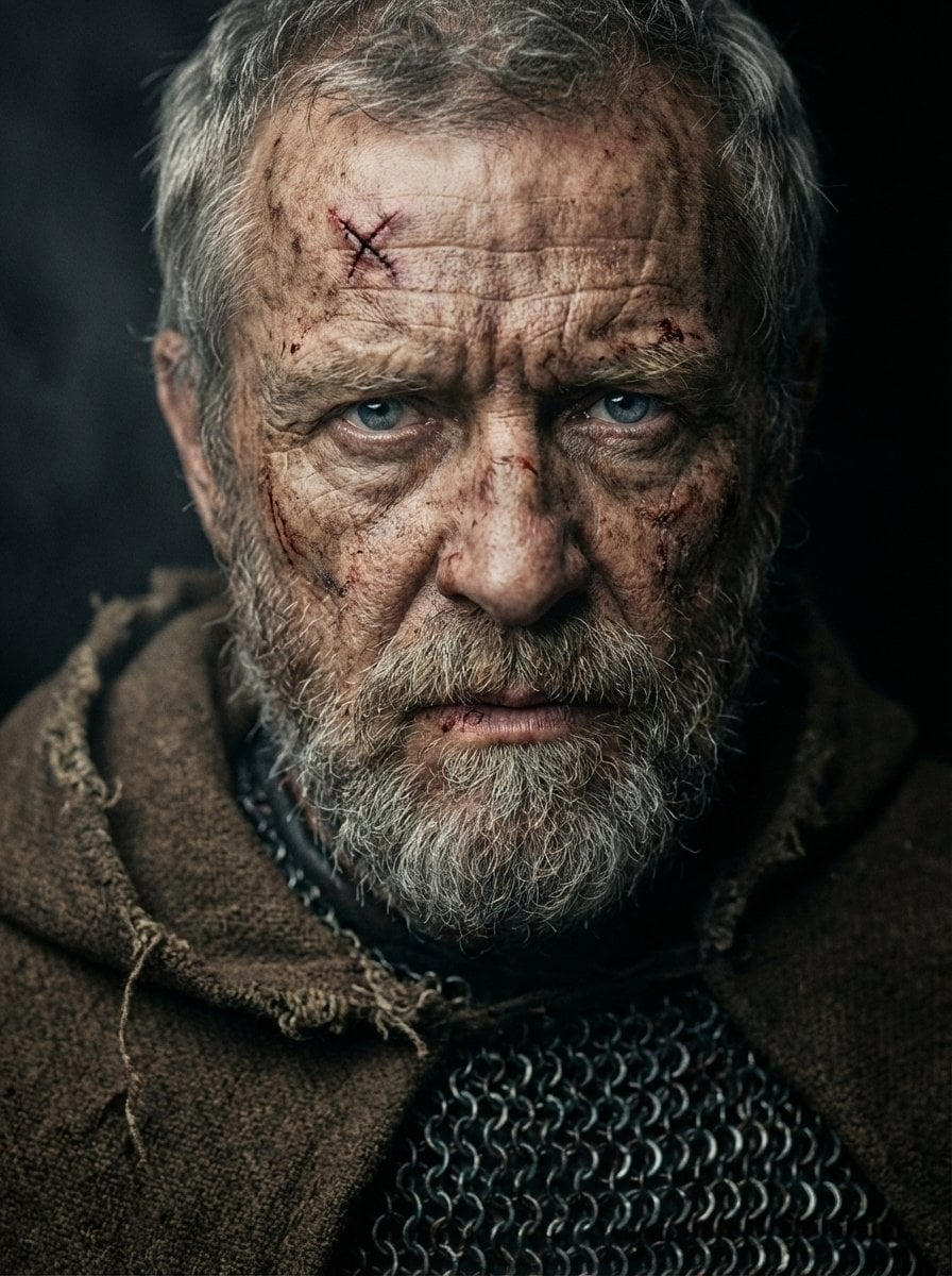 A hyper-realistic close-up of an elderly medieval warrior with intense cold eyes, wearing a brown wool cloak and chainmail armor.