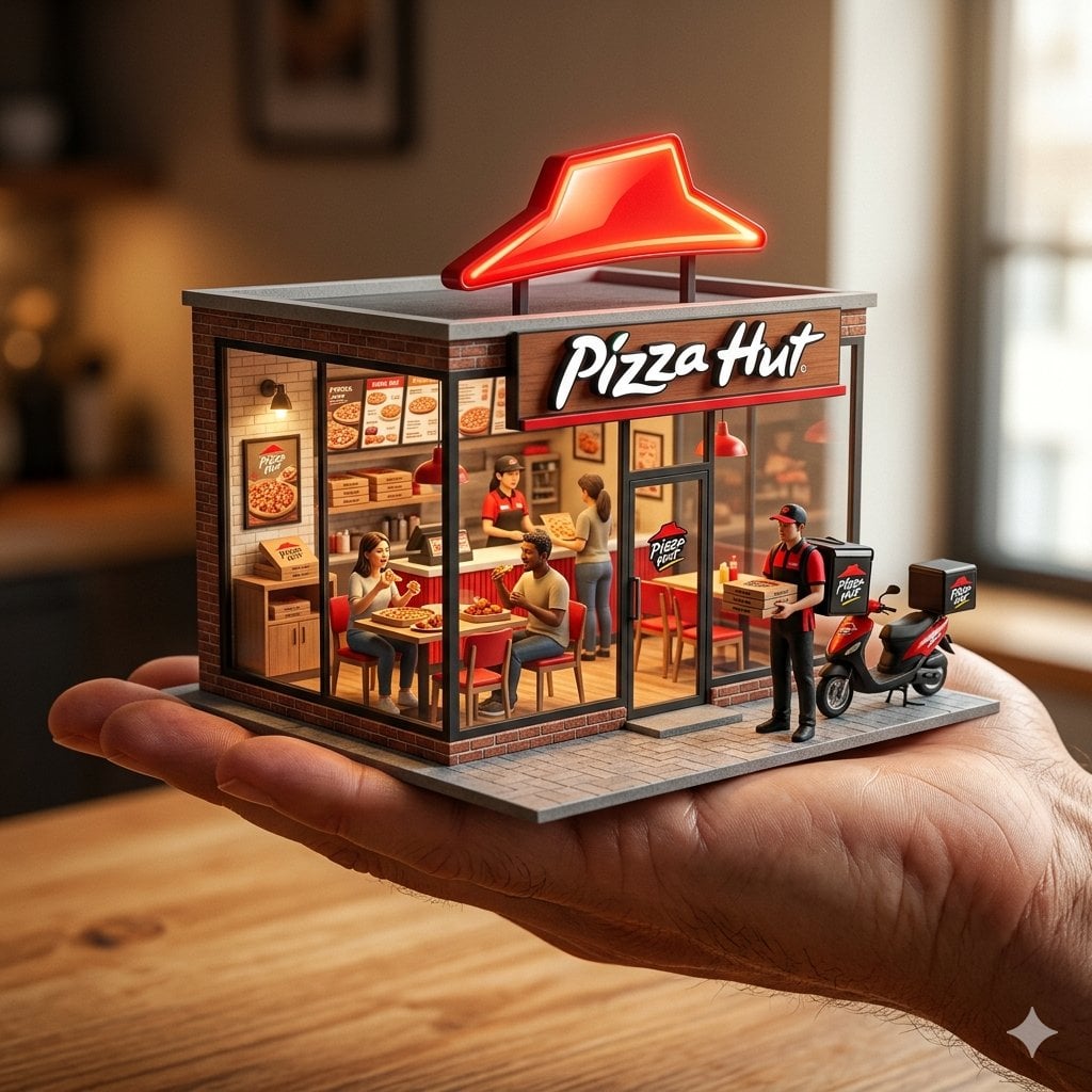 A realistic miniature showroom balanced on a human palm, showcasing tiny figures enjoying products with warm cinematic lighting.