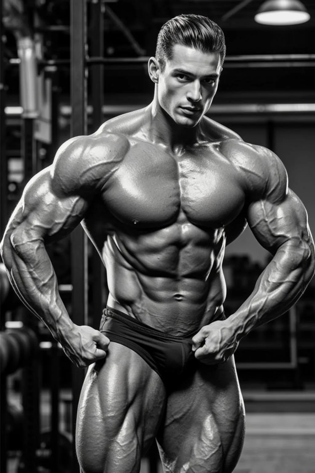 Muscular Slicked Back Oily Black Bodybuilding Briefs