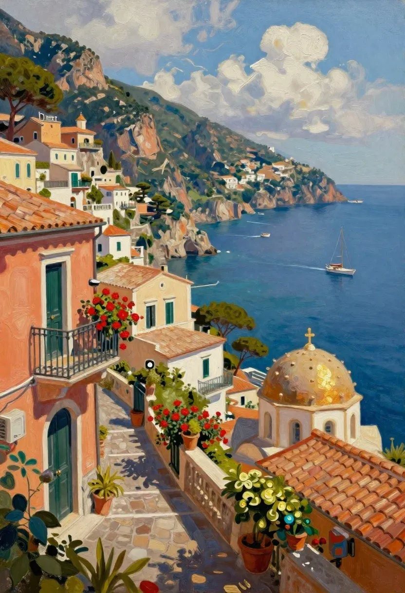 Oil Painting Sun-drenched Coastal Village Clinging Steep Cliffs Overlooking The