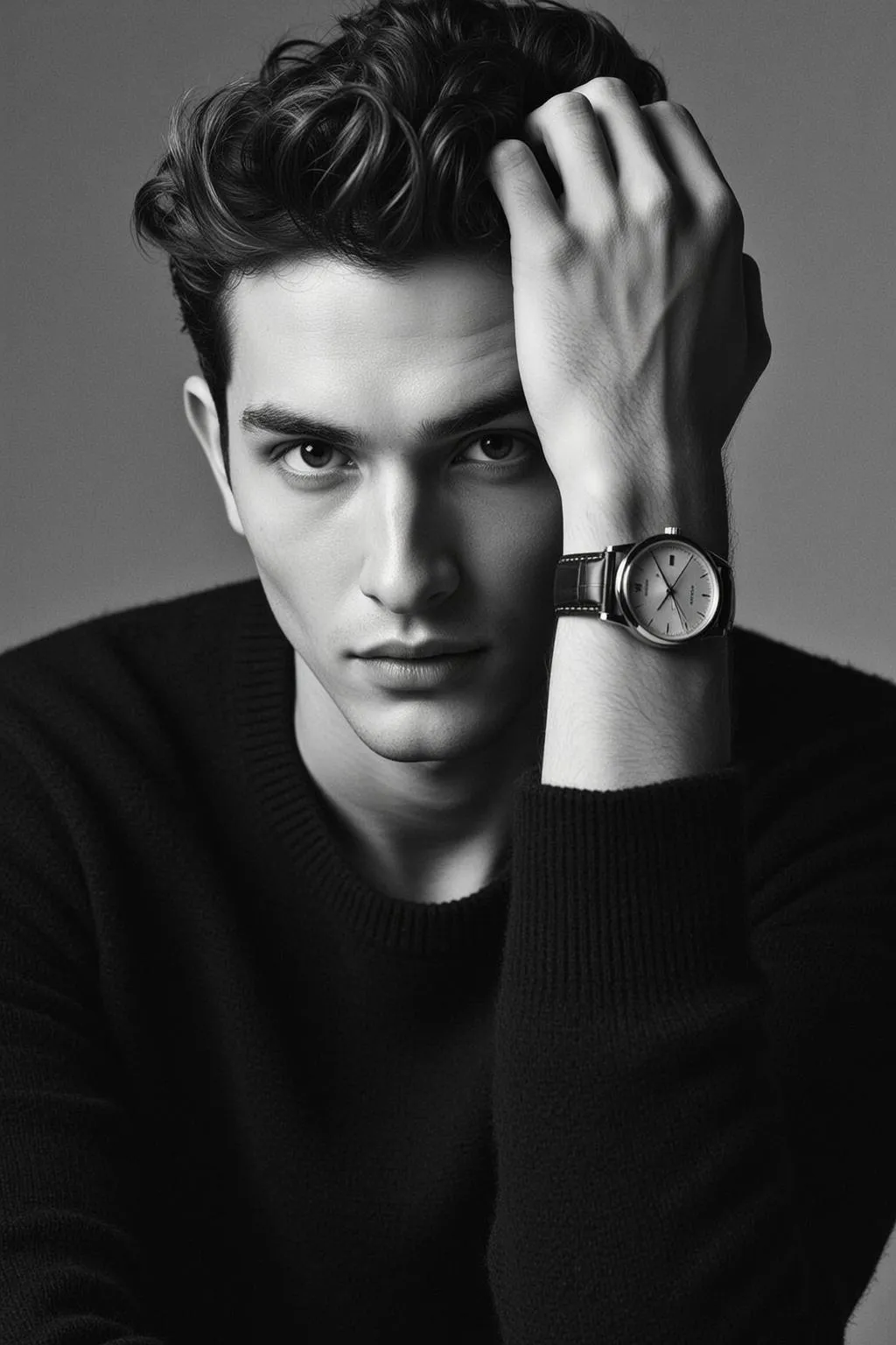 Watch With Black Crew Neck Sweater