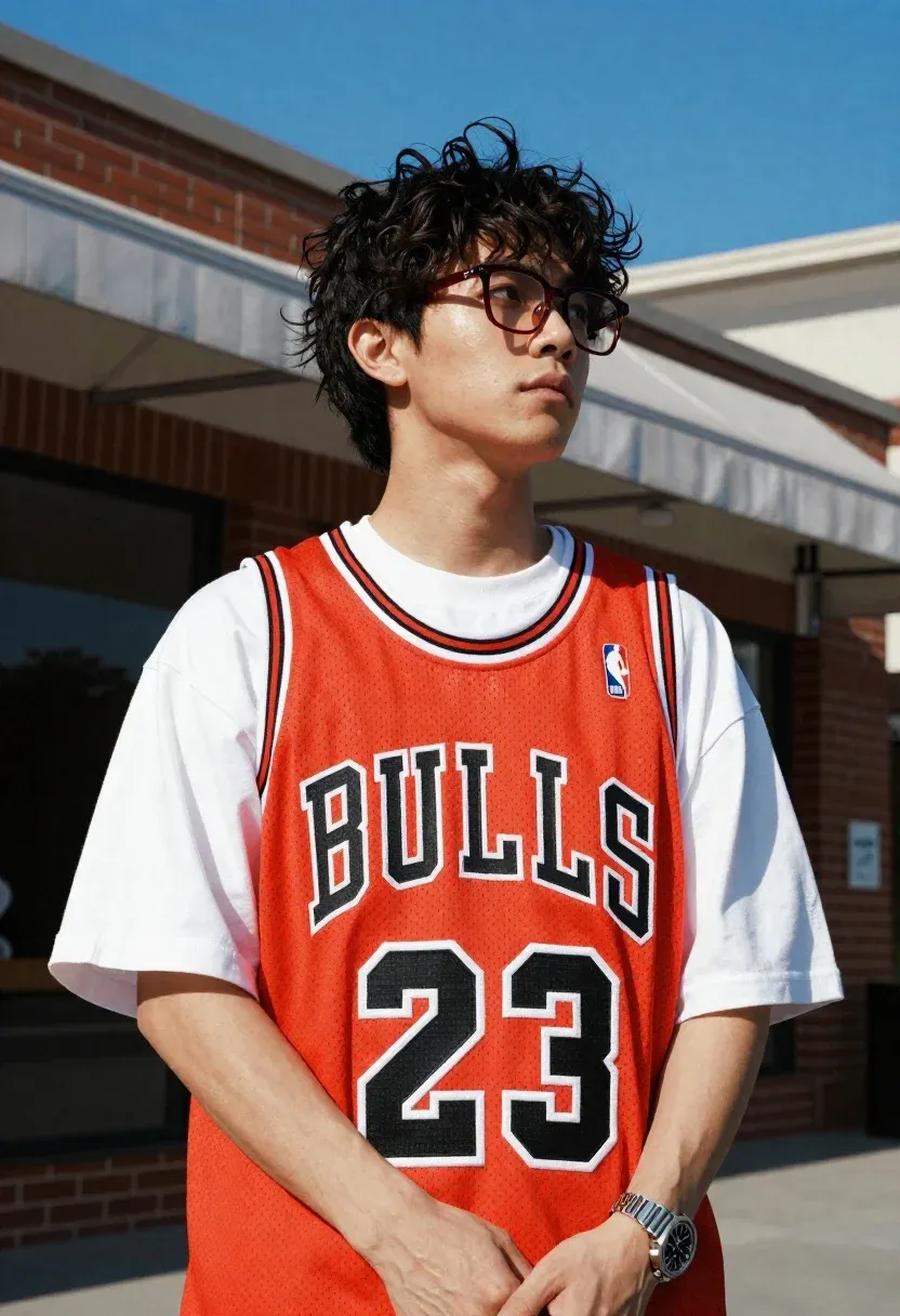 Portrait Young Man With Short Wavy Hair And Red-framed Glasses