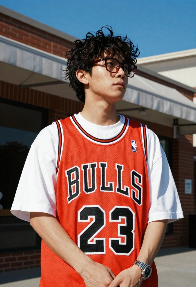 Portrait Young Man With Short Wavy Hair And Red-framed Glasses reference photo