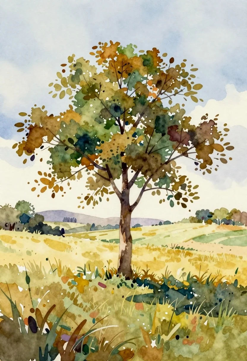 Solitary Tree Stands Vast Open Field Under Soft Sky Subject
