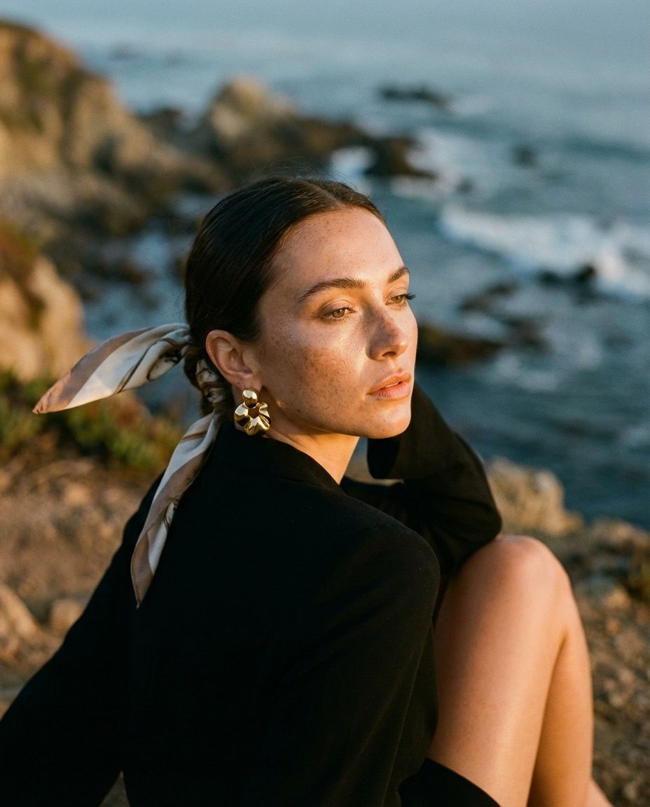 Model seated on a coastal cliff edge, eye gaze off-frame, amber sunlight on cheekbone.