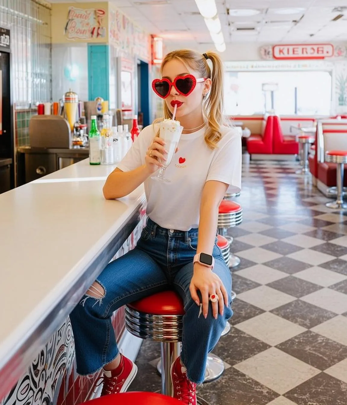 Sunglasses Earrings Necklace Rings Nails And Wristwatch In Denim Portrait