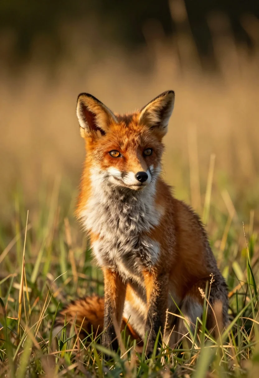 Red Fox Sits Alertly Field Tall Golden Grass Subject Red