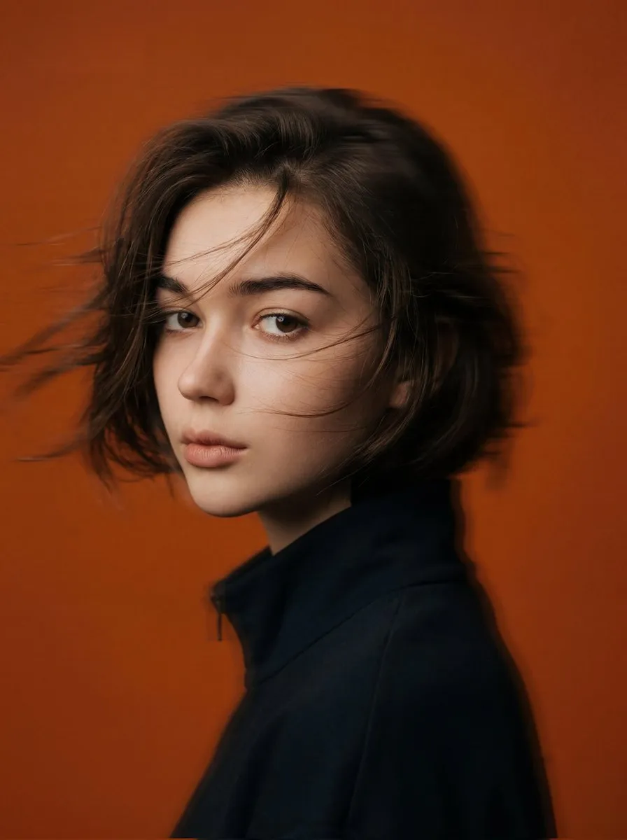 Mysterious Woman Side Profile Dark Coat Orange Studio