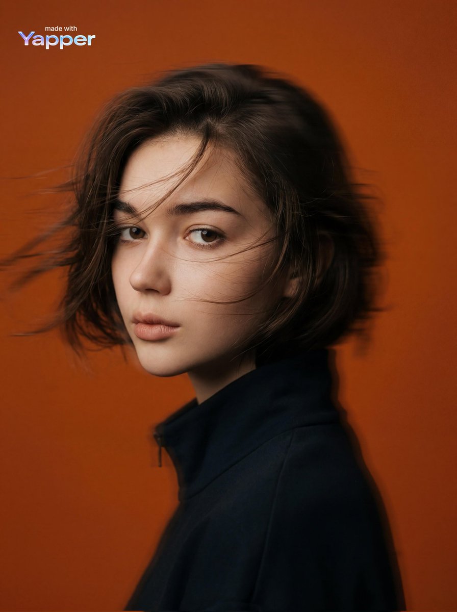 A mysterious woman in a dark coat, side profile, looking into the distance against an orange backdrop, with wind-blown hair and soft shadows.
