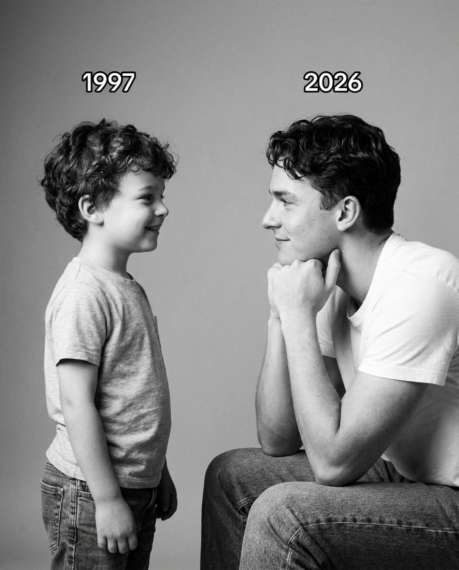 Black and white studio portrait of a boy and man, 1997 and 2026 years above, emotional expressions and soft lighting.