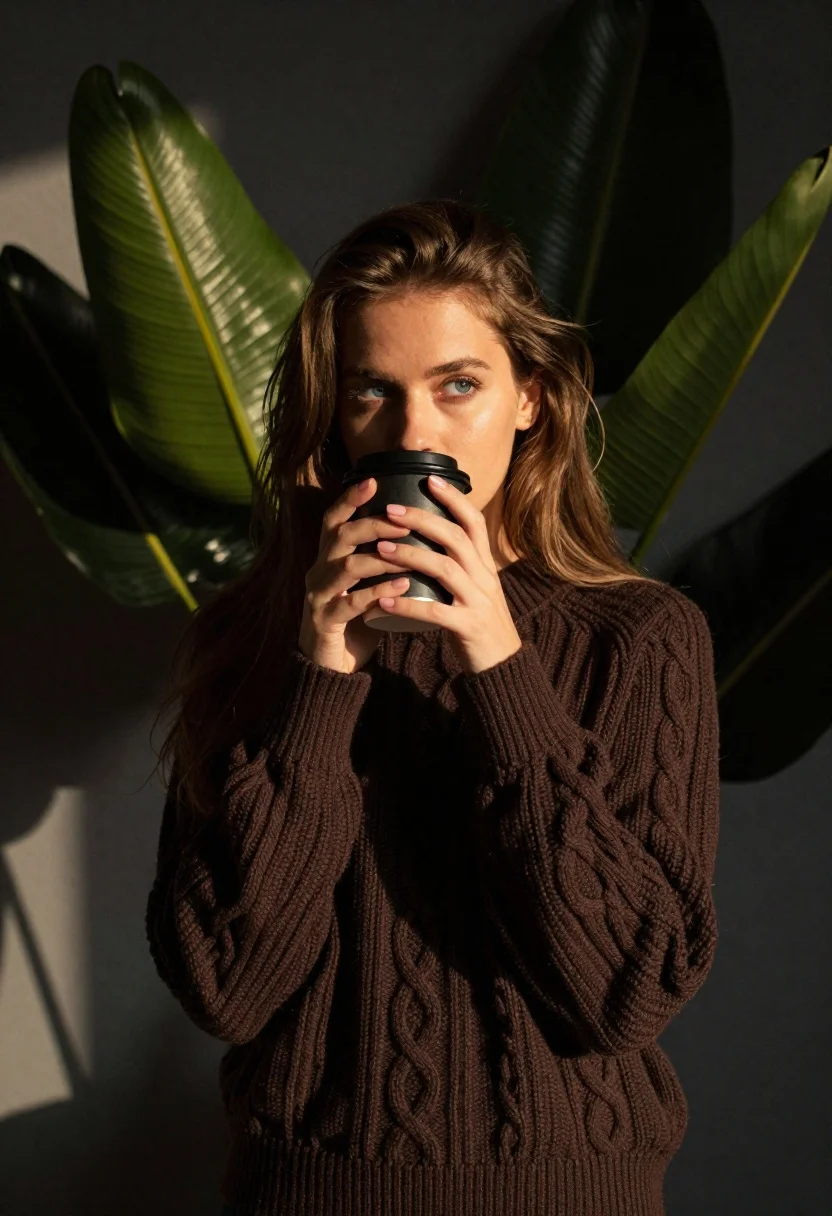 Young Woman With Long Brown Hair Stands Dimly Lit Room