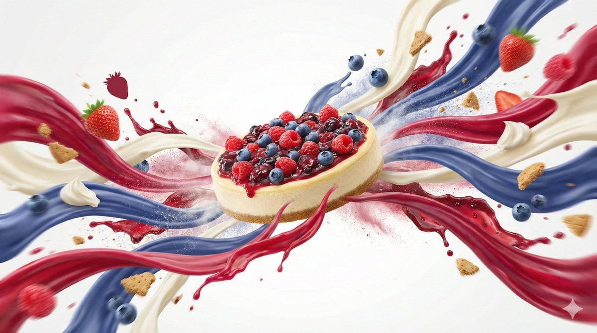 Dynamic flavor wave composition featuring colorful energy ribbons and mist around gourmet food on a clean white background.