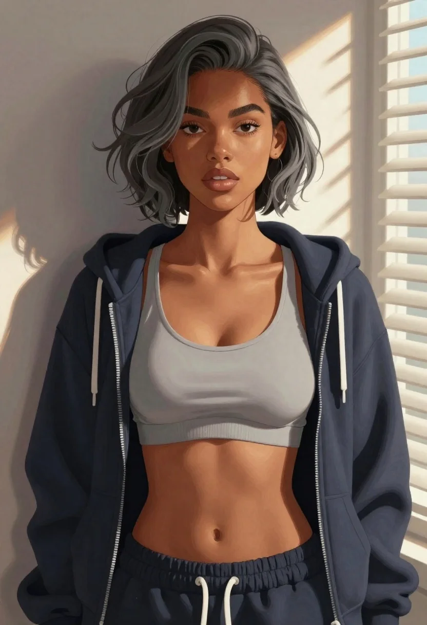 Digital Illustration Confident Young Woman Leaning Against Indoor Window Frame reference photo