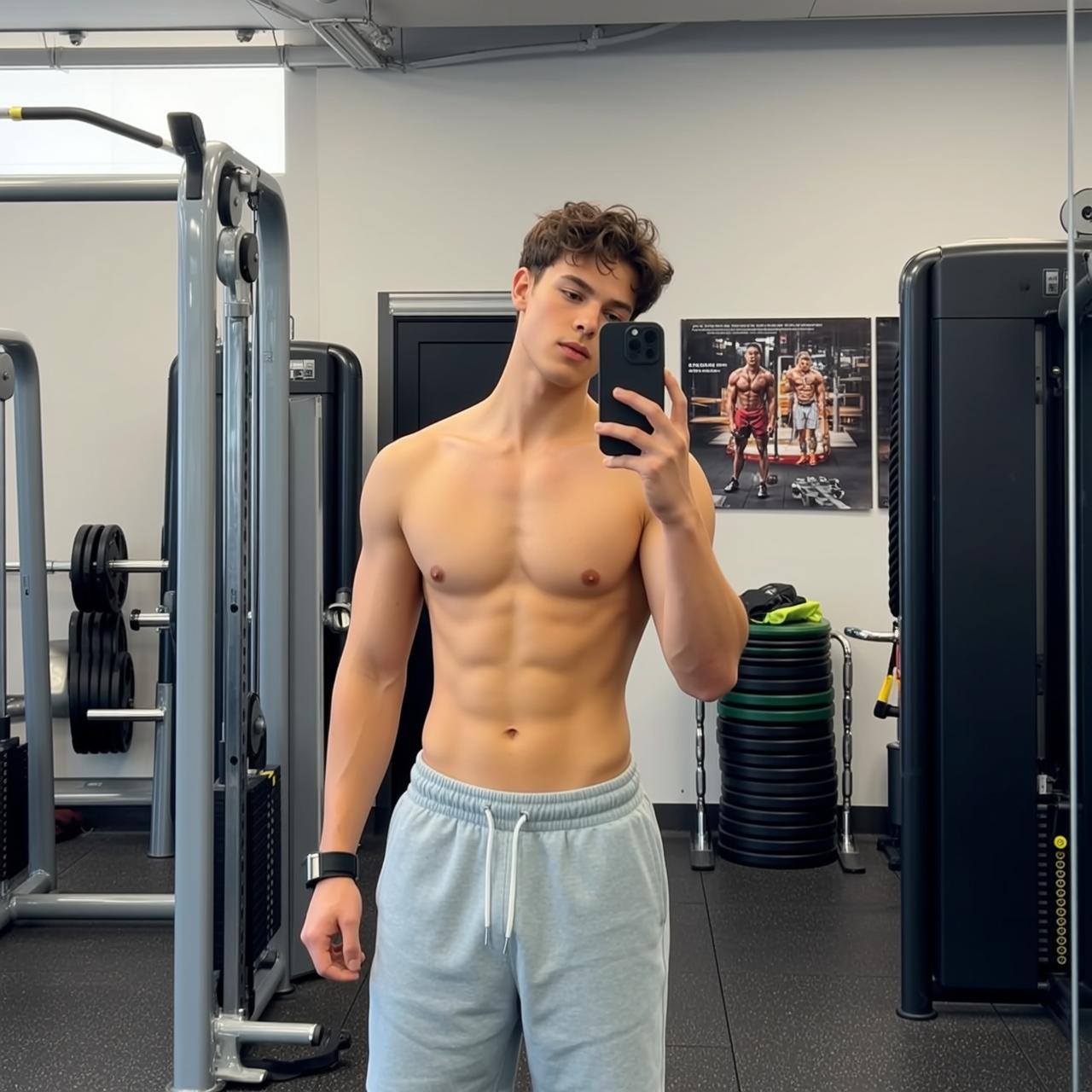 Young Brown Curly Light Grey Sweatpants Standing