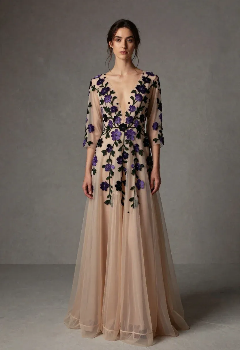 Full-length Portrait Woman Wearing Elegant Floor-length Gown With Intricate Floral