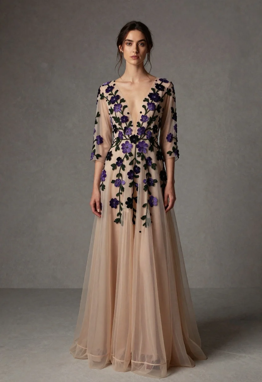 A full-length portrait of a woman wearing an elegant, floor-length gown adorned with intricate floral designs, captured in soft studio lighting.