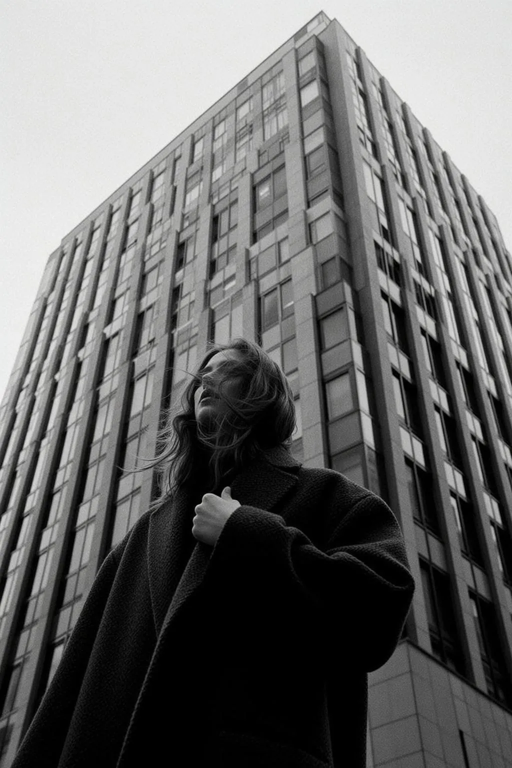 Low-angle Full-body Portrait Black And White Captures Young Woman With