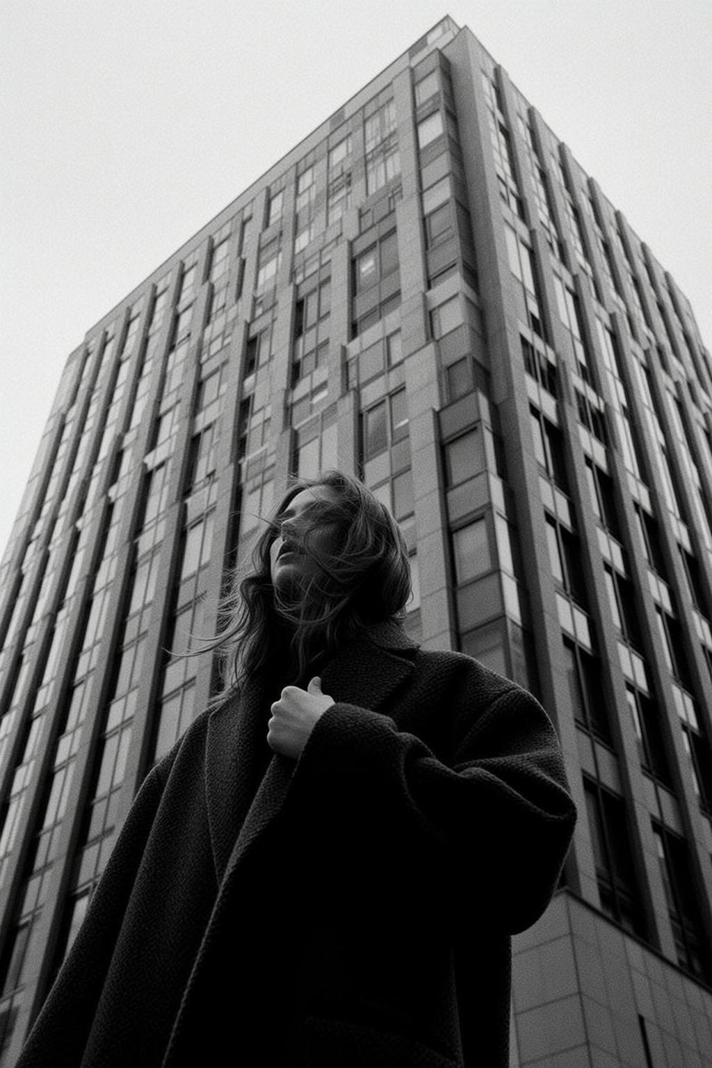 Low-angle Full-body Portrait Black And White Captures Young Woman With