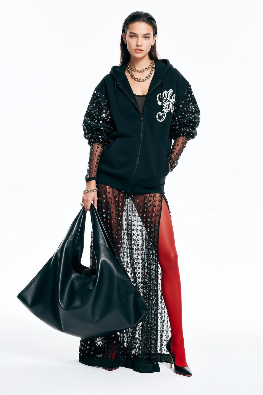 Sequined Hoodie Sheer Dress Studio