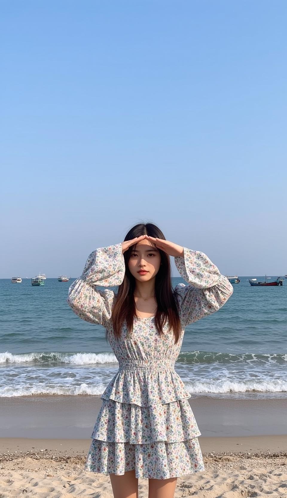 Coquettecore Young Stands Sandy Beach Facing Her