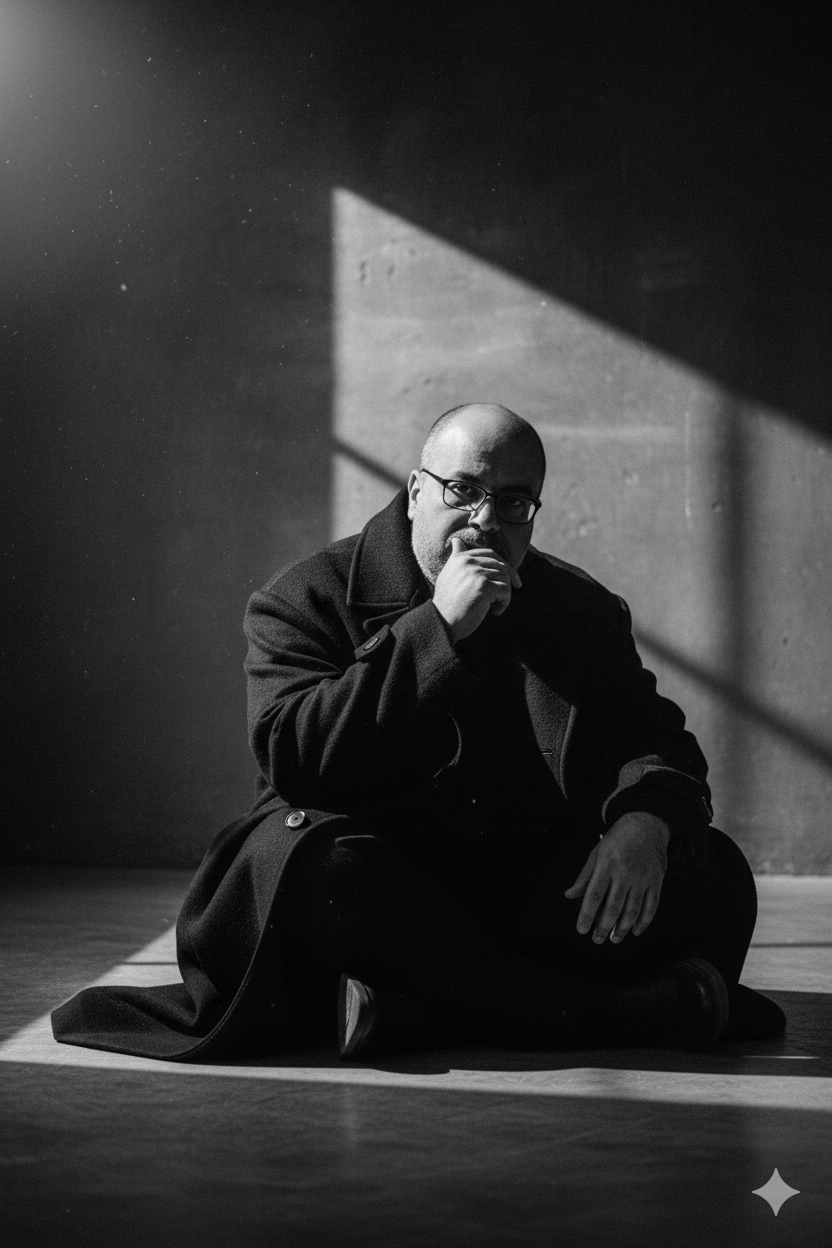 Emotional black-and-white portrait of a large stylish man seated on the floor, wearing an oversized dark coat, dramatic shadows create a moody atmosphere.
