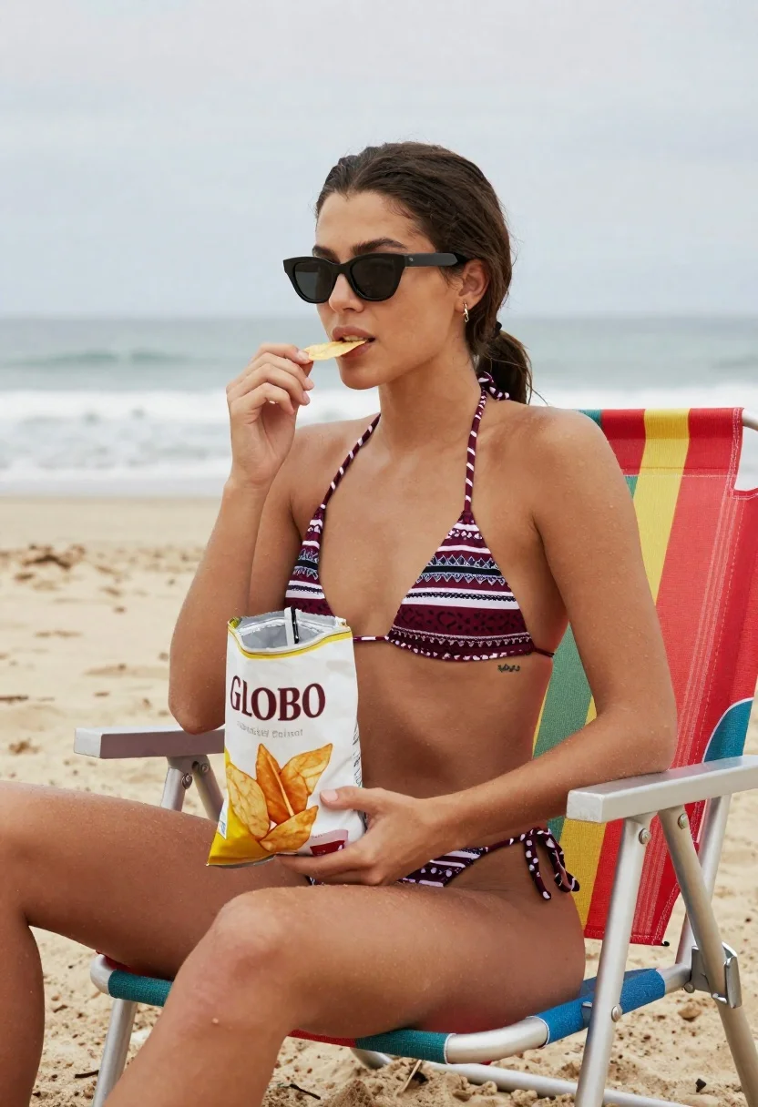 Woman Bikini Sits Beach Chair Eating Chips From Bag Subject reference photo