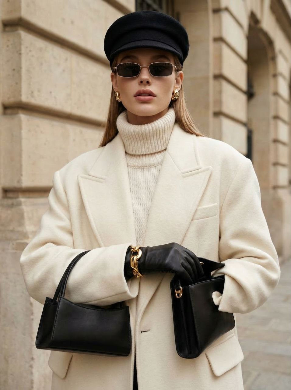 Woman in an ivory wool coat poses confidently near a stone building, showcasing urban fashion.