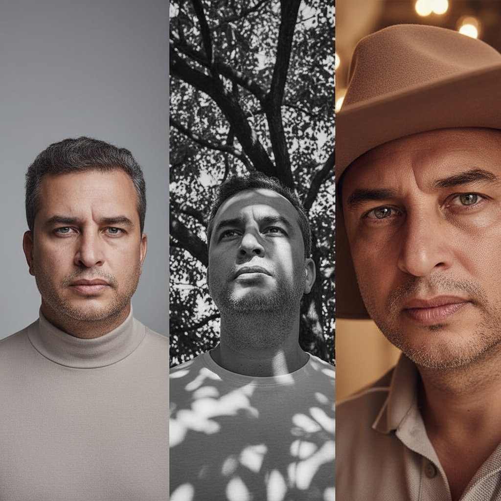 A high-fashion portrait grid featuring a person in three artistic styles: soft studio lighting, dramatic black-and-white outdoors, and a detailed fashion close-up.