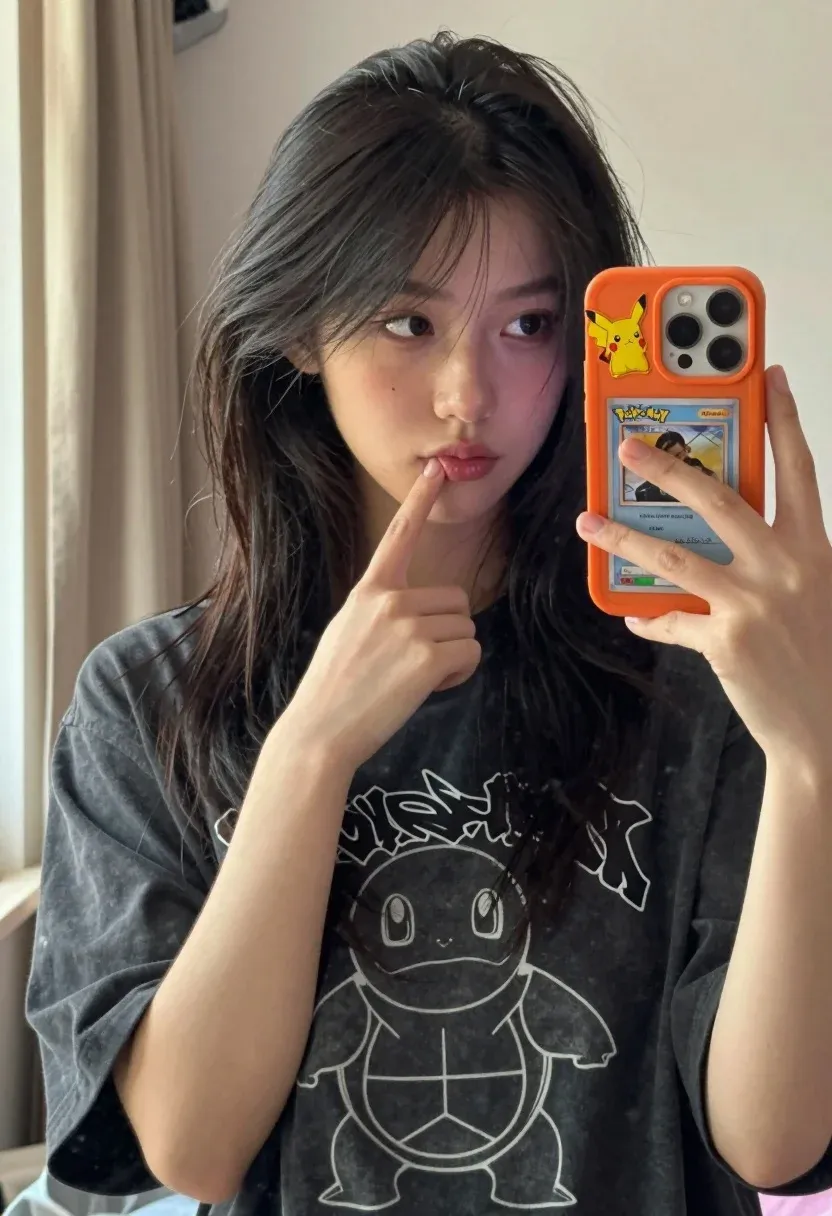 Young Woman With Long Dark Hair Takes Mirror Selfie Holding